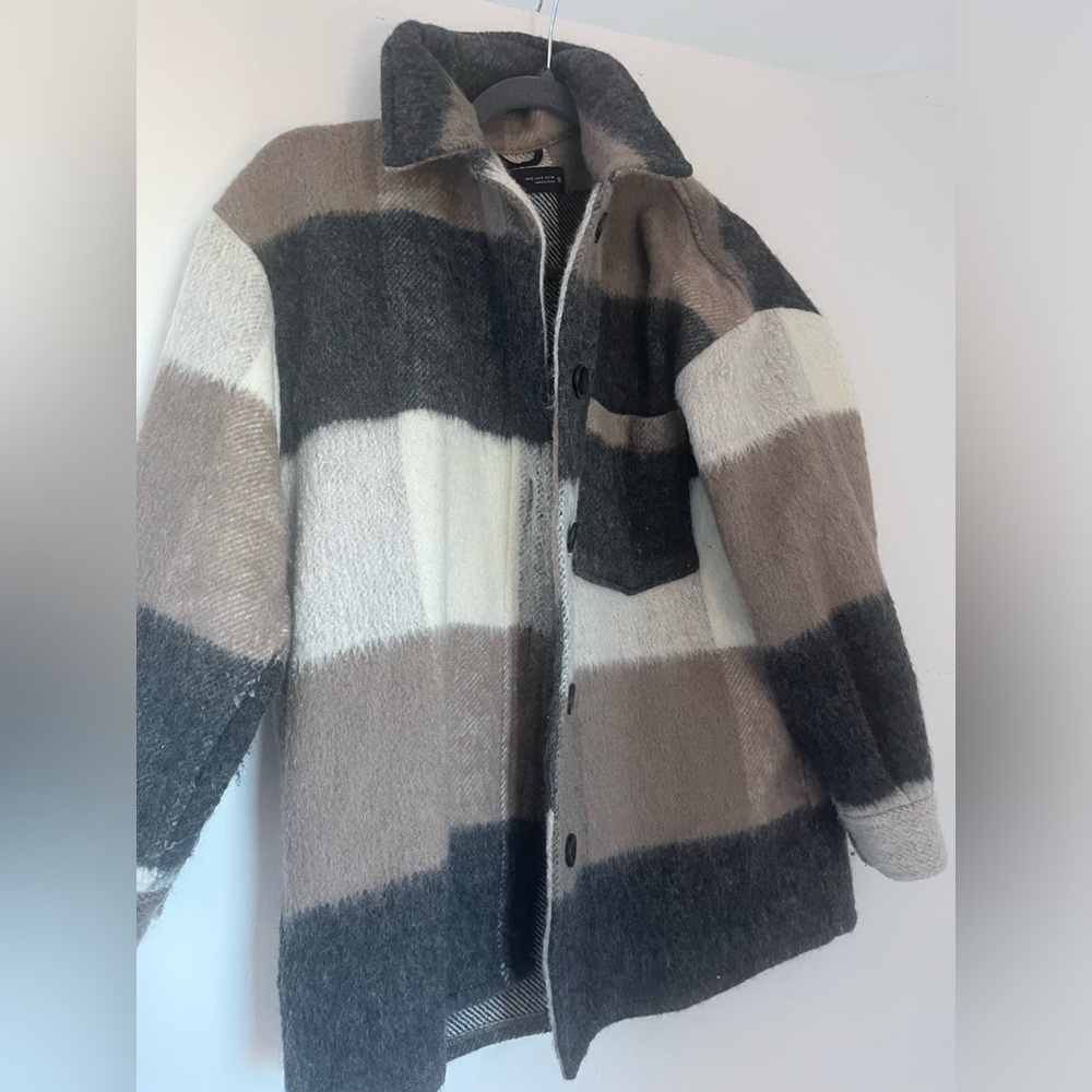 Zara Striped Fuzzy Wool-Blend Jacket in Gray, Cream, Brown
